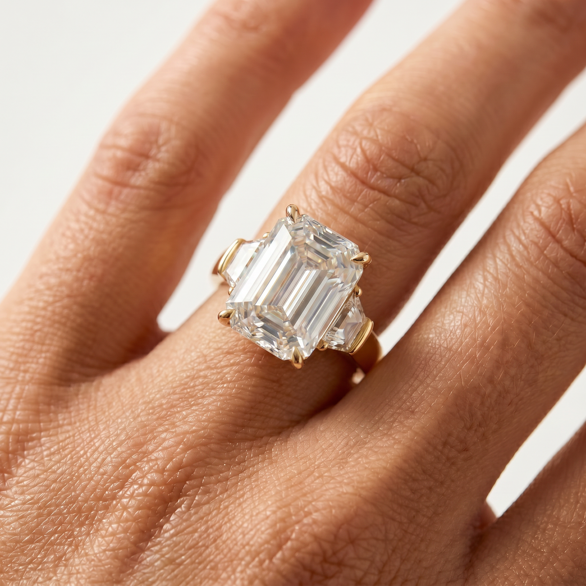 Trilogy Ring with White Emerald Stone – on Yellow Gold