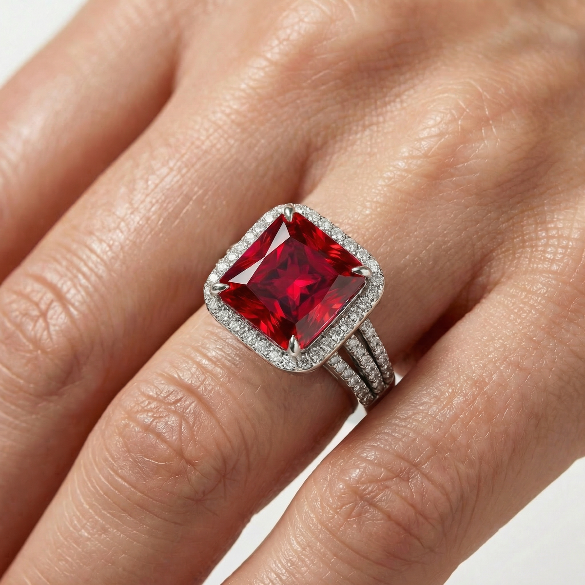 Triple Shank Radiant Ring with Red Radiant Stone – on White Gold