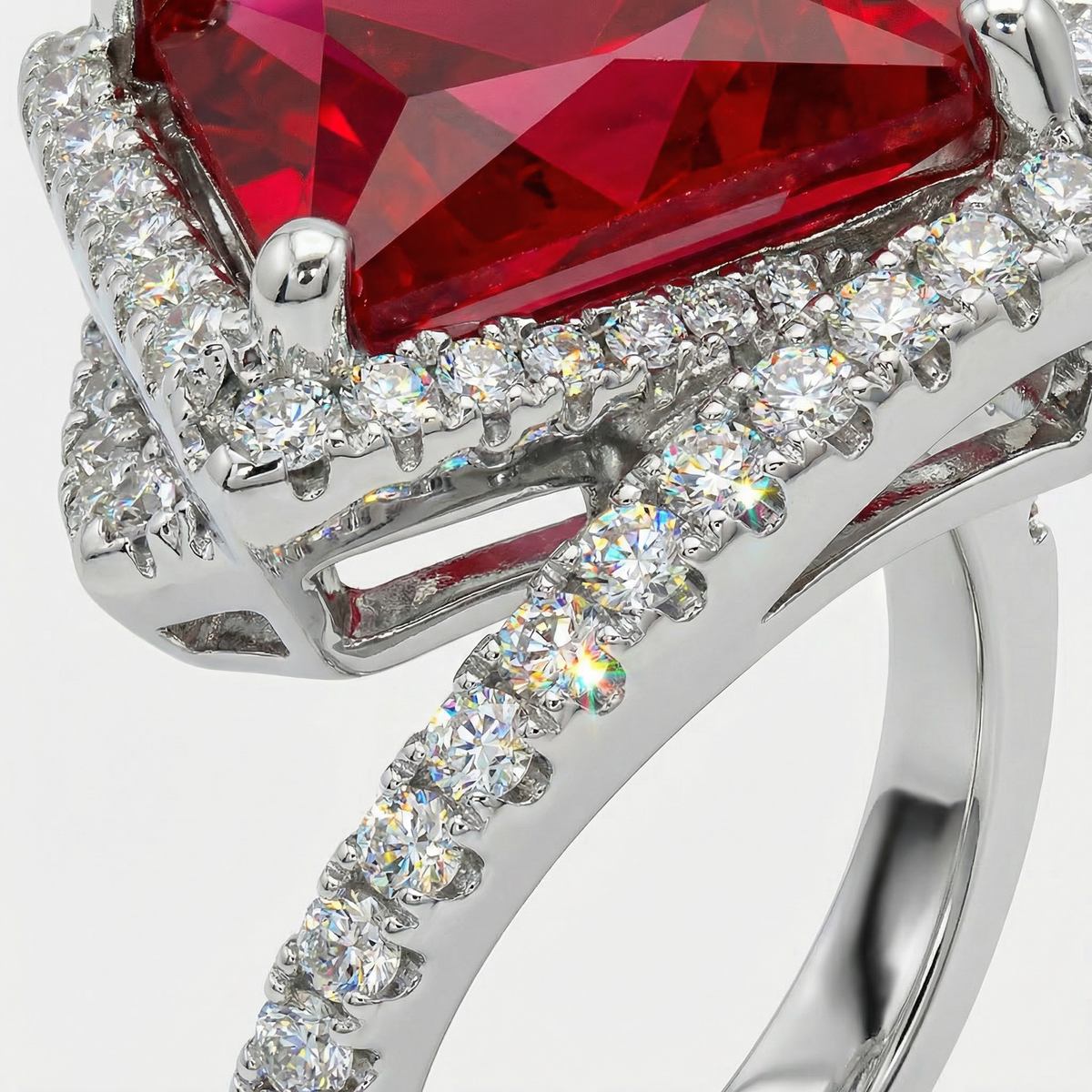 Side Radiant Ring with Red Radiant Stone – on White Gold