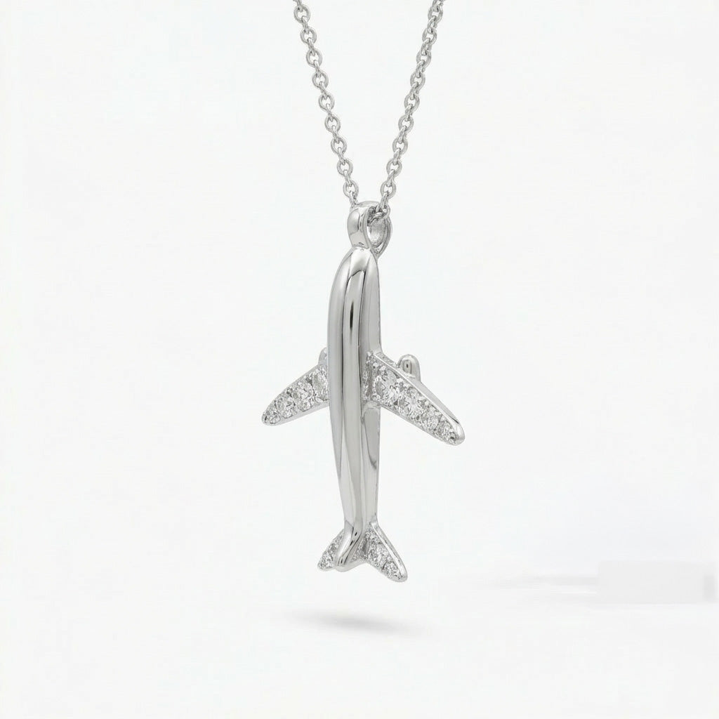Airplane Necklace with White Round Stone – on White Gold