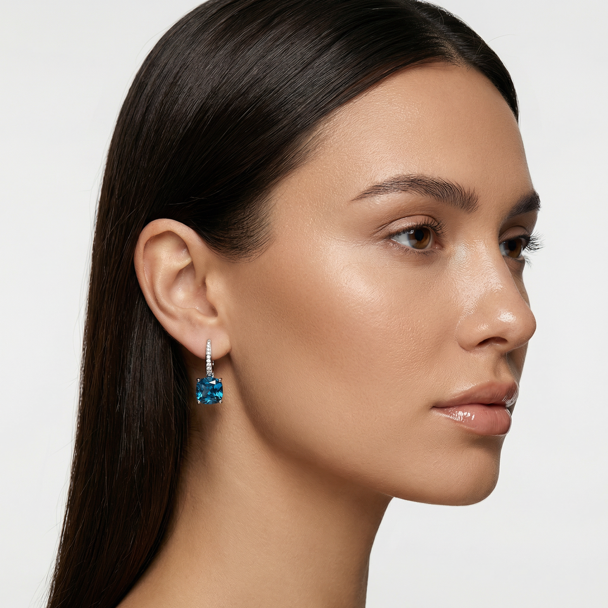 Princess Drop Earring with Blue Princess Stone – on White Gold