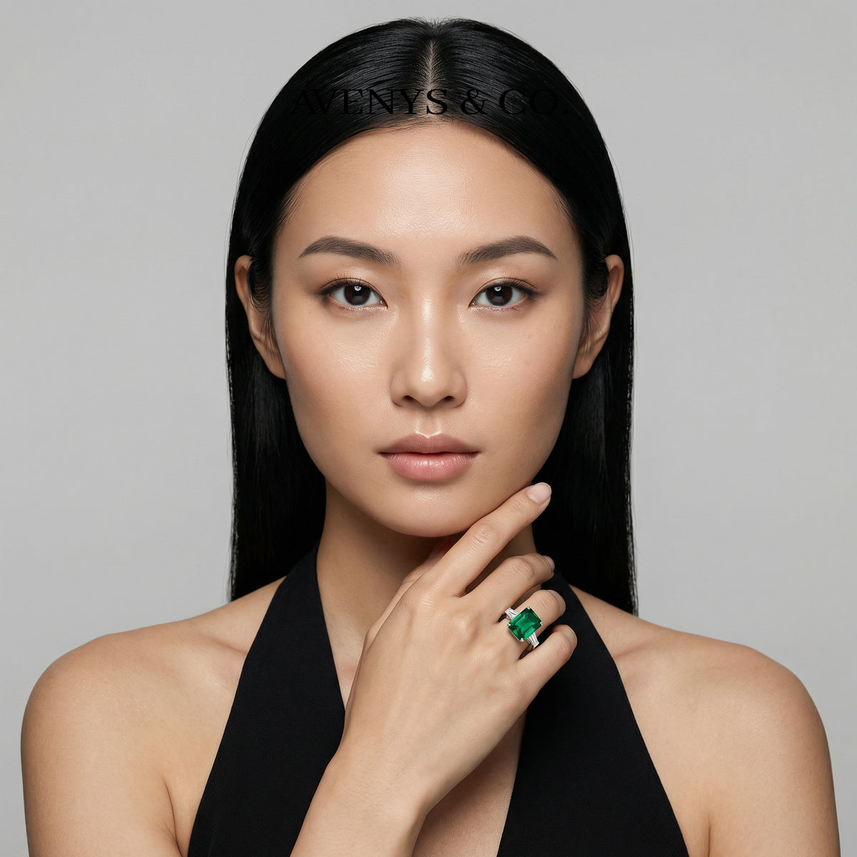 Emerald Trilogy Ring with Green Emerald Stone – on White Gold