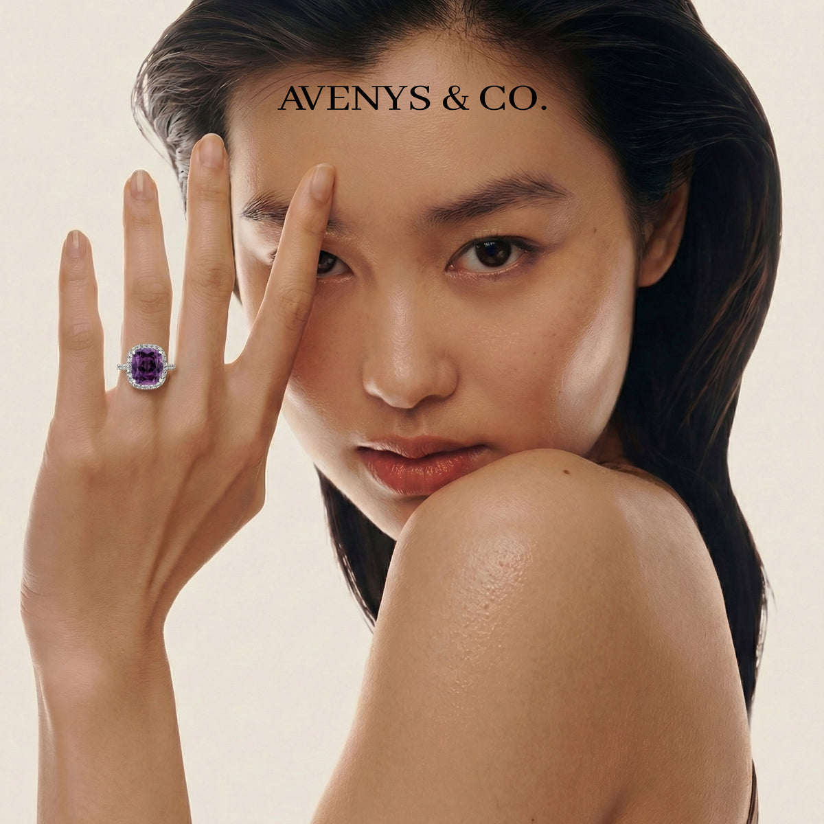 Amethyst Halo Ring with Purple Cushion Stone – on White Gold