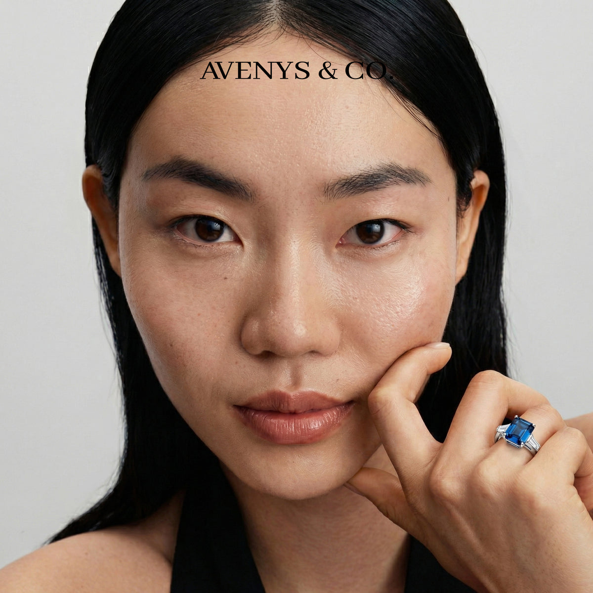Radiant Trilogy Ring with Blue Radiant Stone – on White Gold