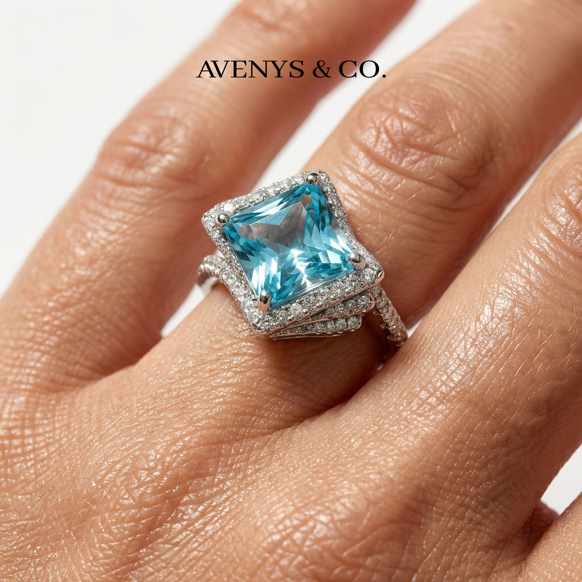 Side Radiant Ring with Aquamarine Radiant Stone – on White Gold