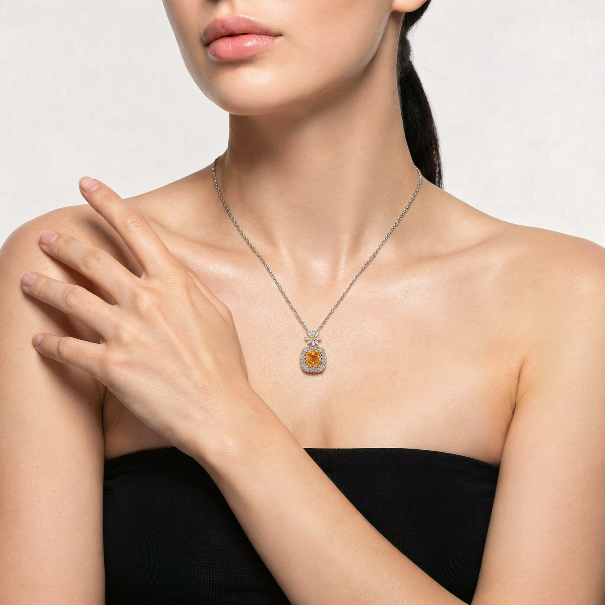 Crown Pendant Necklace with Yellow Cushion Stone – on White Gold