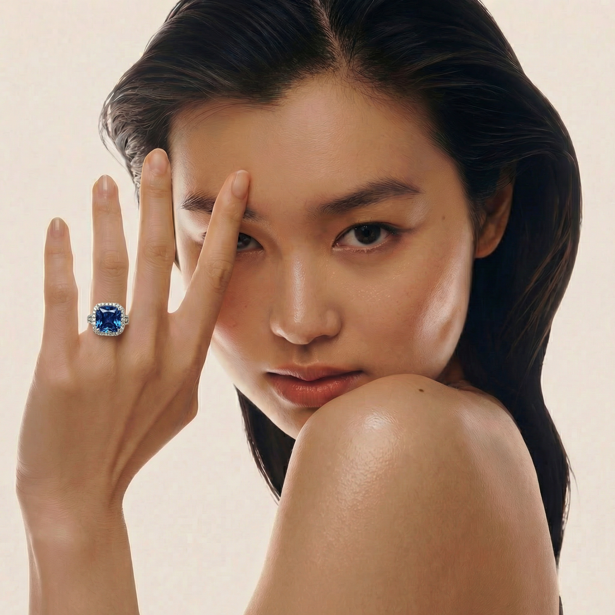Triple Shank Radiant Ring with Blue Radiant Stone – on White Gold