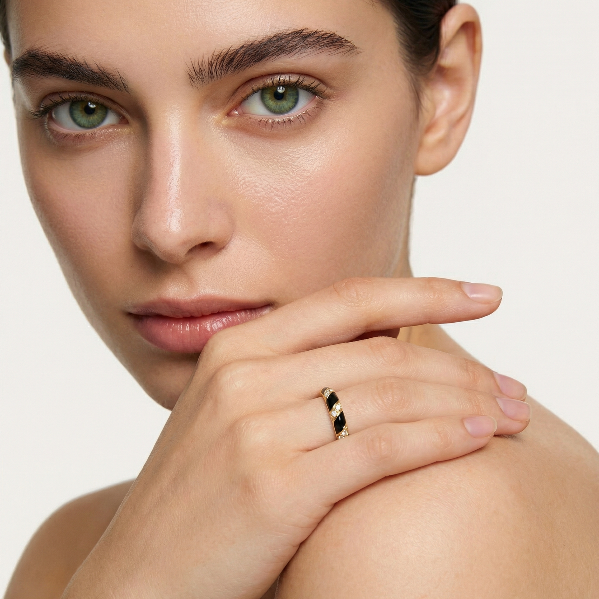 Black Gold Ring with White Round Stone – on Yellow Gold