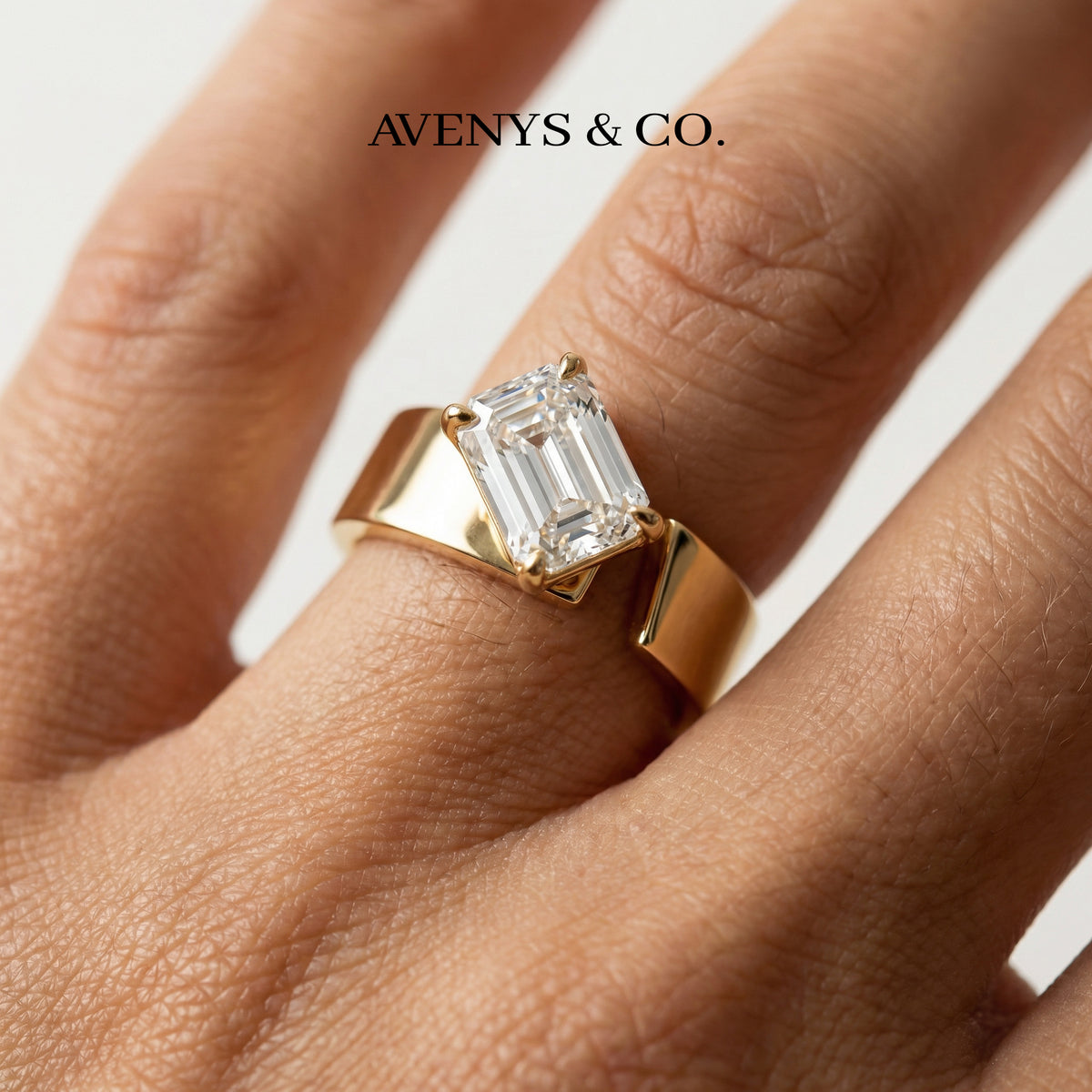 Tilt Cuff Solitaire Ring with White Emerald Stone – on Yellow Gold