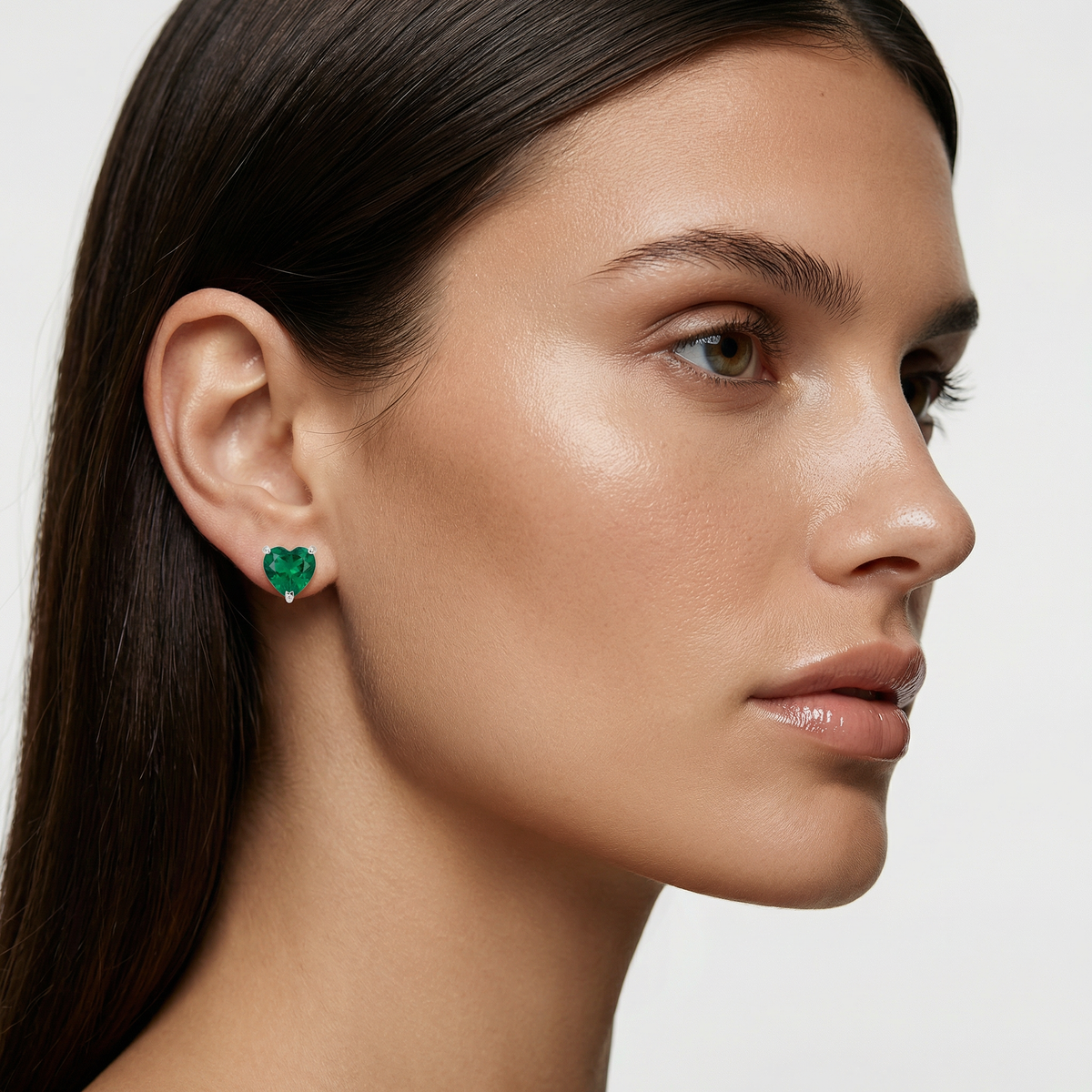 Love Heart Earrings with Green Heart Stone – on White Gold