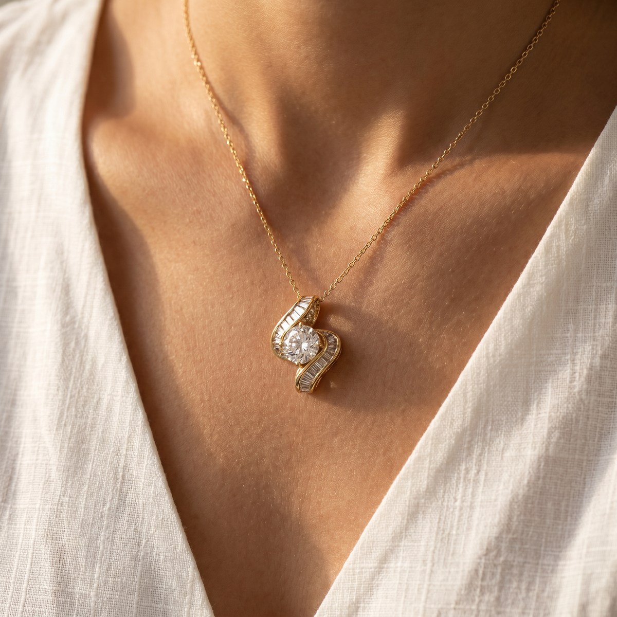 Bypass Solitaire Necklace with White Oval Stone – on White Gold