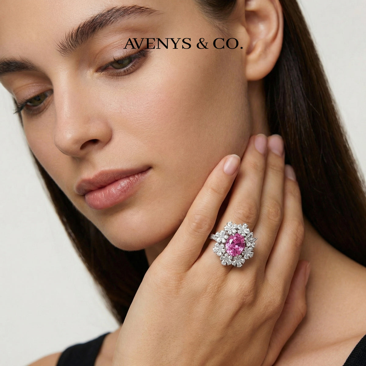 Flower Halo Ring with Pink Oval Stone – on White Gold