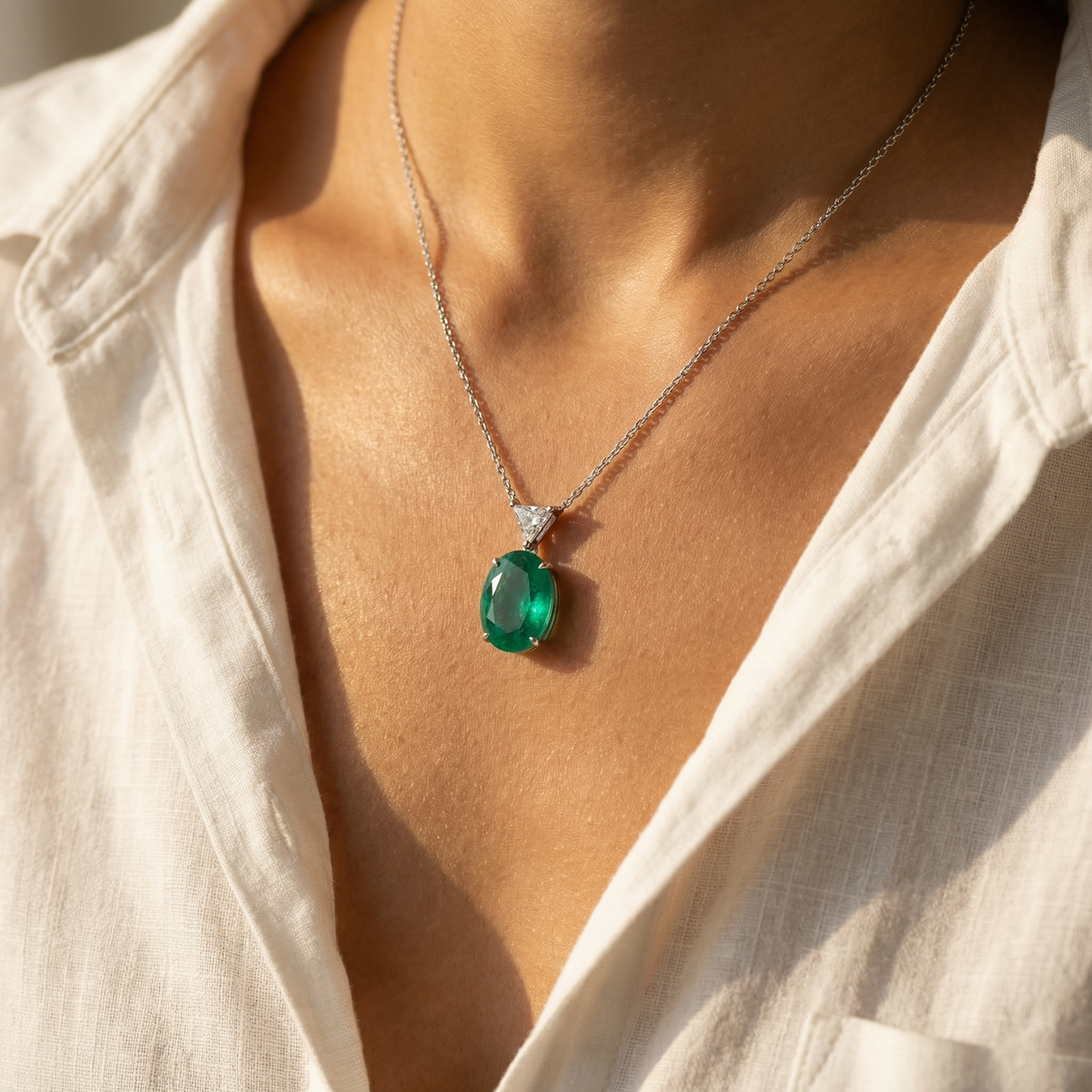 Oval Triangle Necklace  with Paraiba Oval Stone – on White Gold