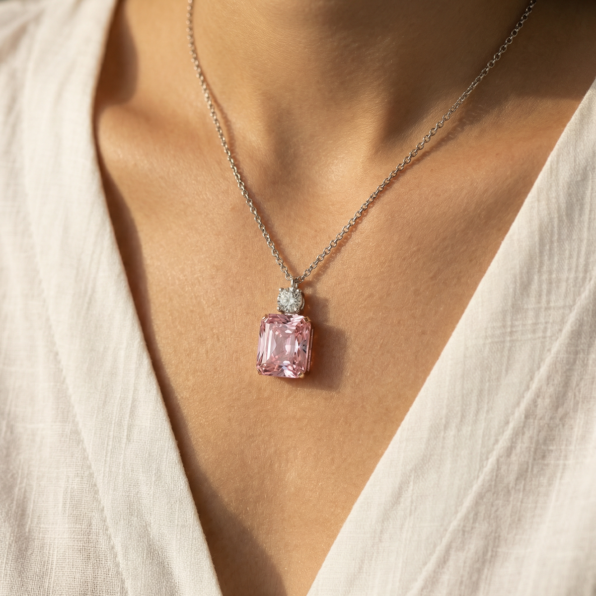 Radiant Pendant Necklace with Pink Radiant Stone – on White Gold
