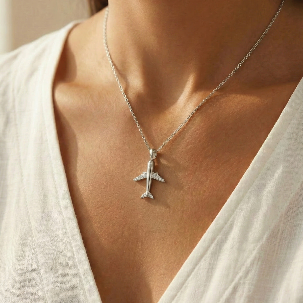 Airplane Necklace with White Round Stone – on White Gold