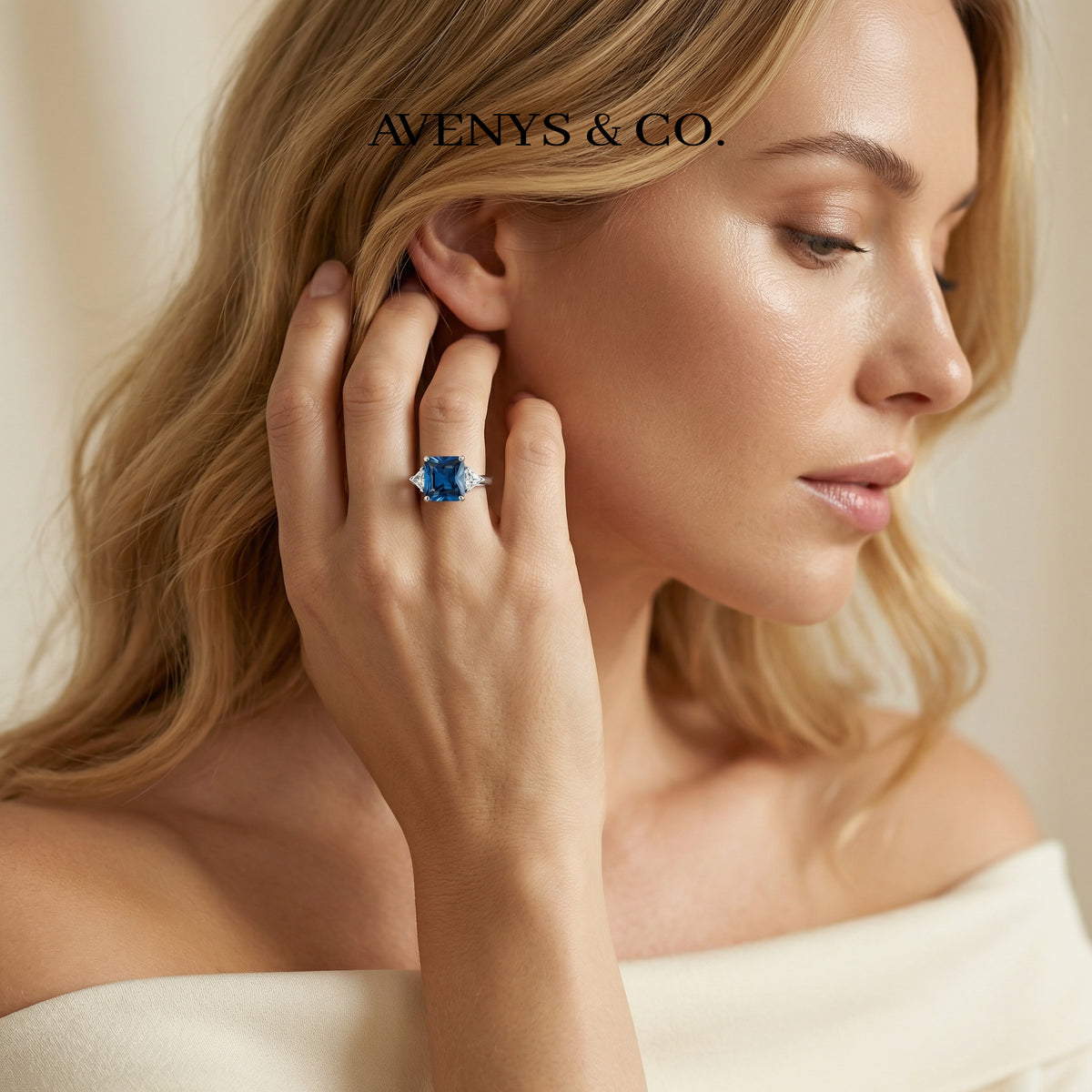 Square Radiant Ring with Blue Radiant Stone – on White Gold