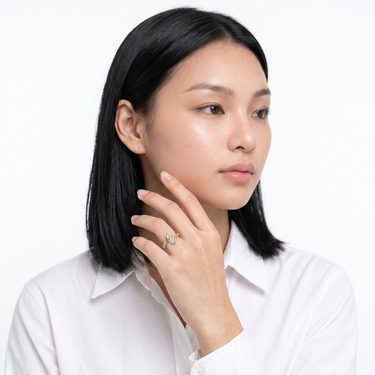 Bypass Marquise Ring with White Marquise Stone – on Yellow Gold