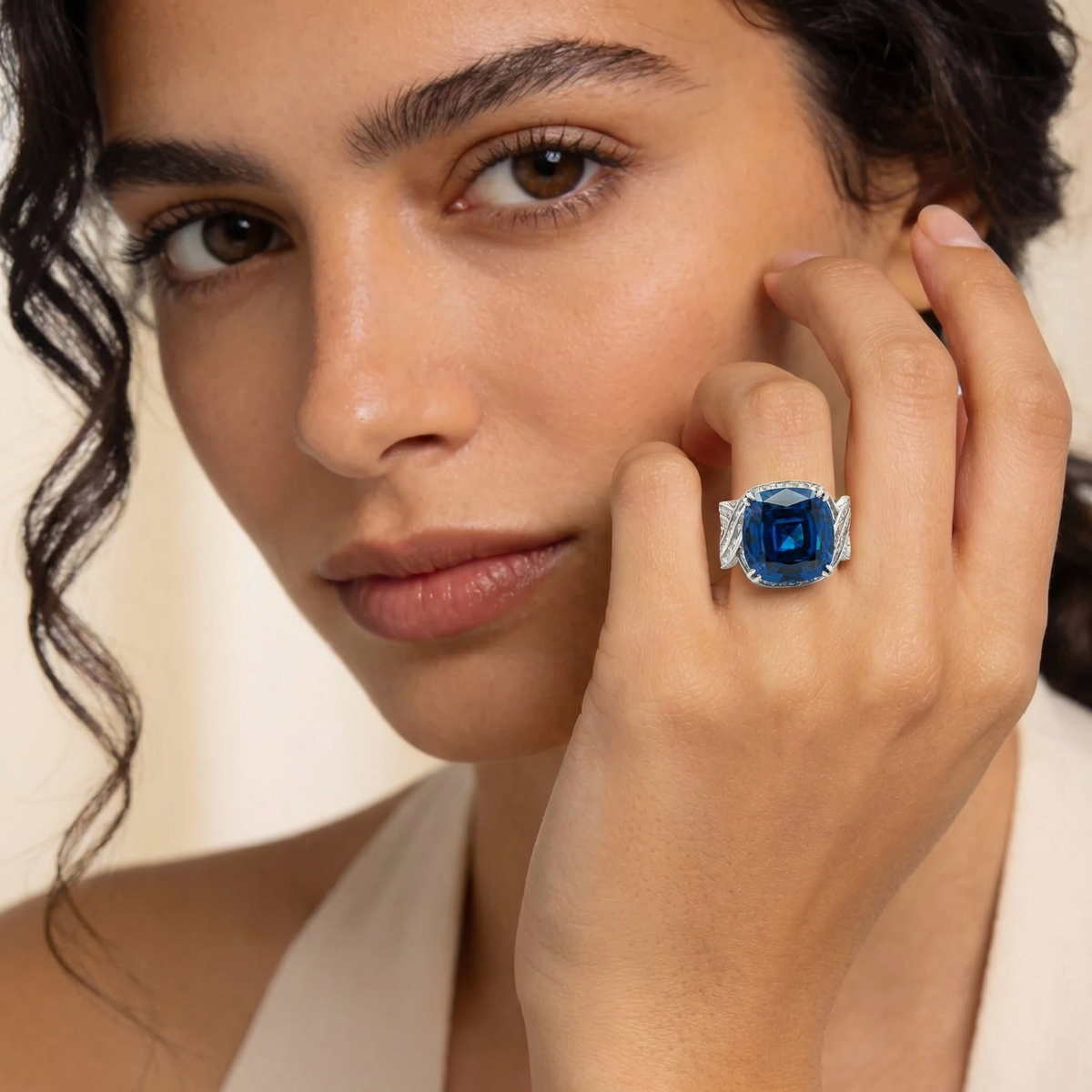 Citadel Pave Ring with Blue Cushion Stone – on White Gold