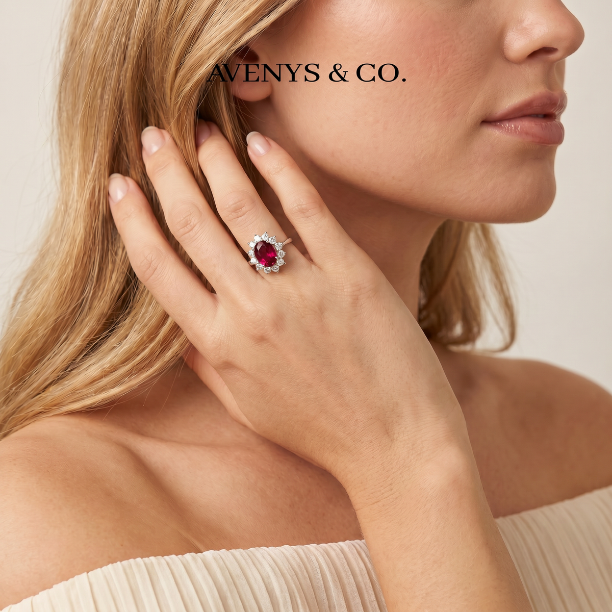Classic Halo Ring with Red Oval Stone – on White Gold