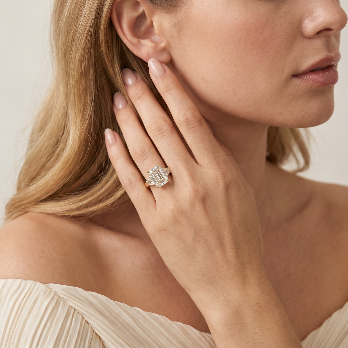 Trilogy Ring with White Emerald Stone – on Yellow Gold