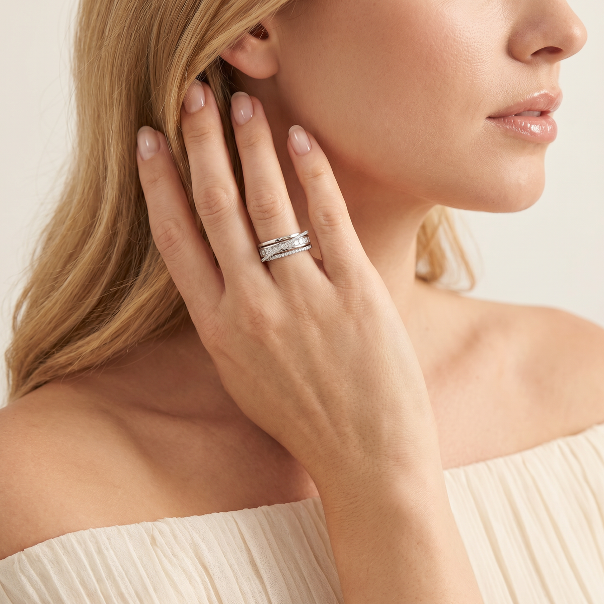 Crossline Diamond Ring with White Round Stone – on White Gold