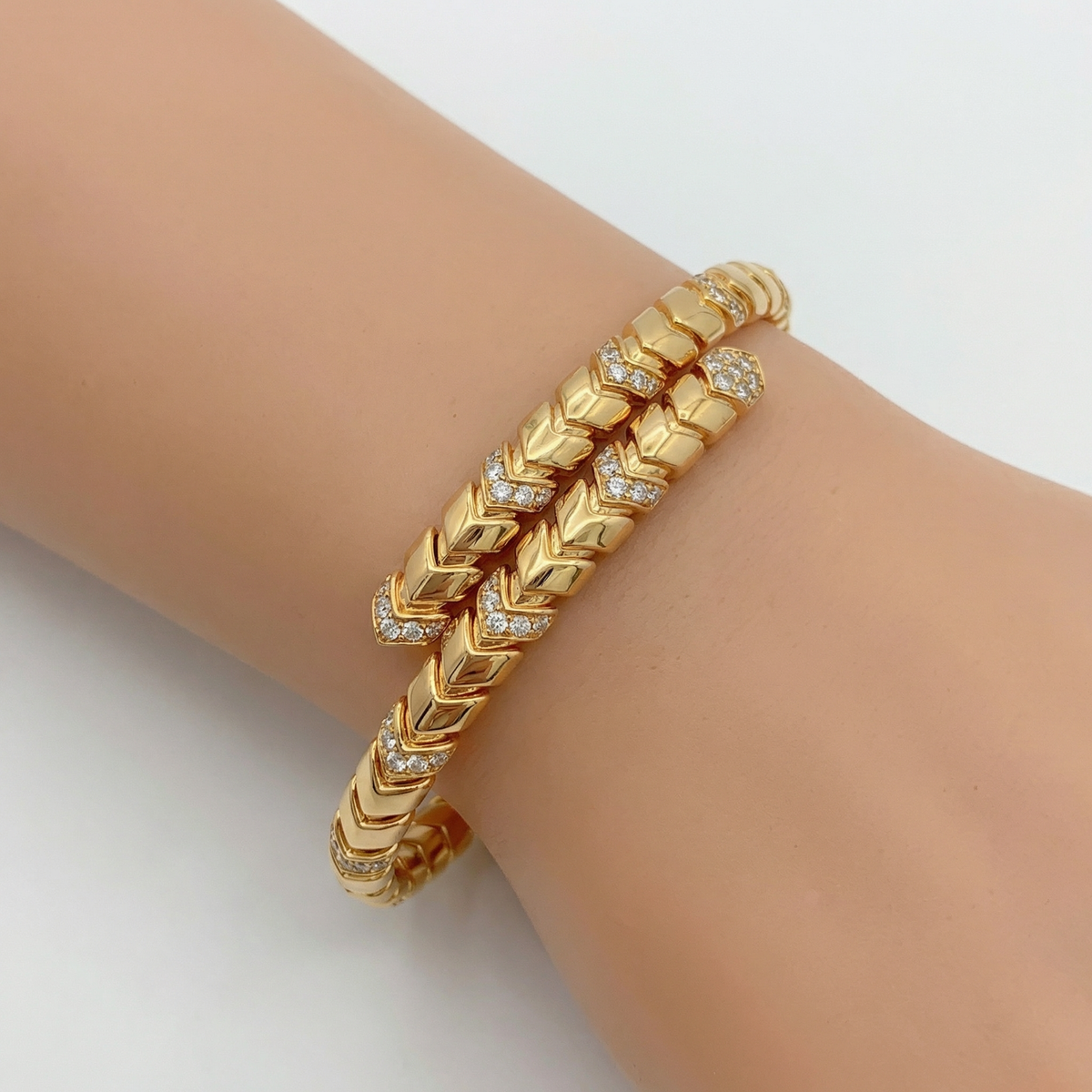 Chevron  Bangle with White Round Stone – on Yellow Gold