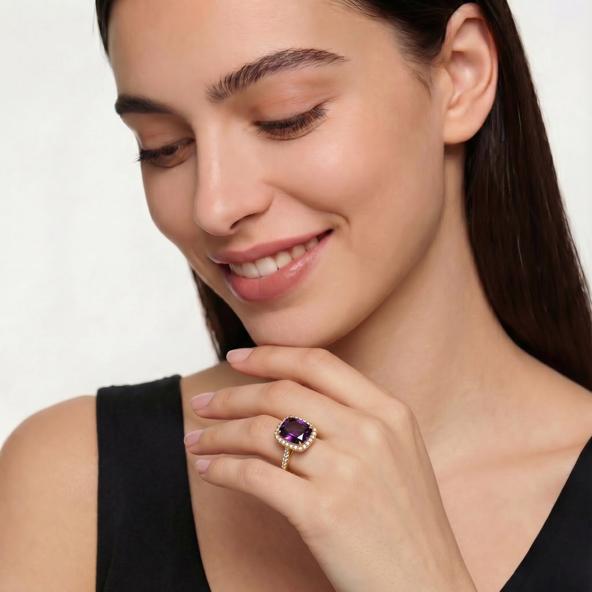 Amethyst Halo Ring with Purple Cushion Stone – on Yellow Gold