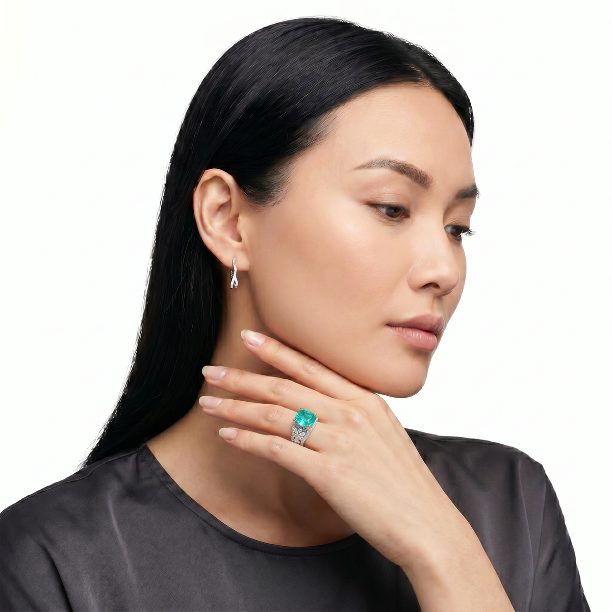 "The Oceanique" - Lab Paraiba Tourmaline and Lab Diamond Pavé Ring in 18k White Gold