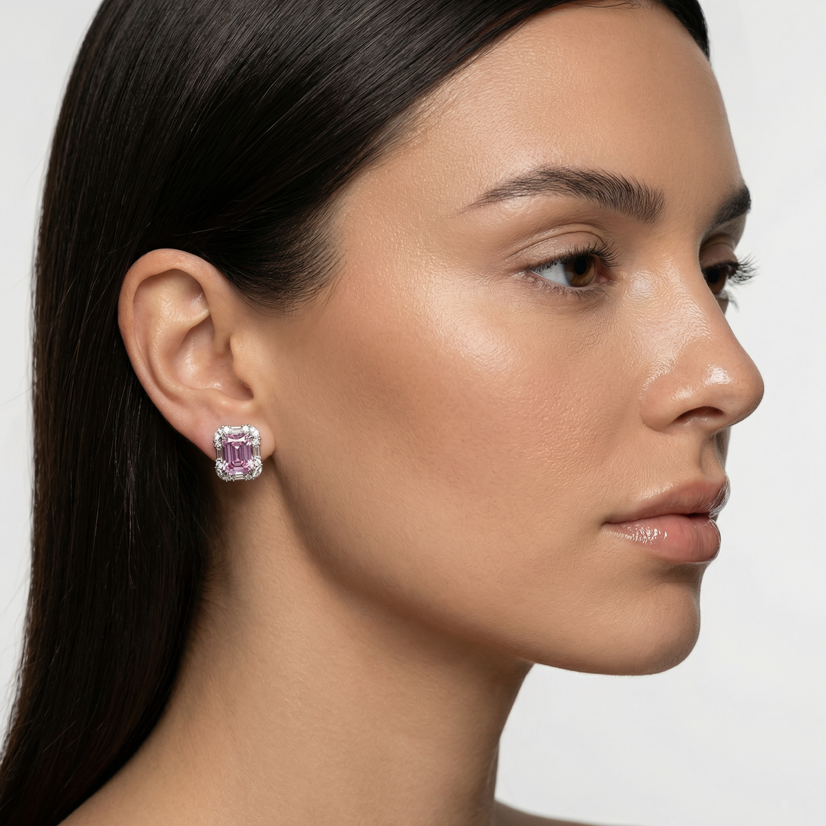 Eden Frame Earrings with Purple Radiant Stone – on White Gold