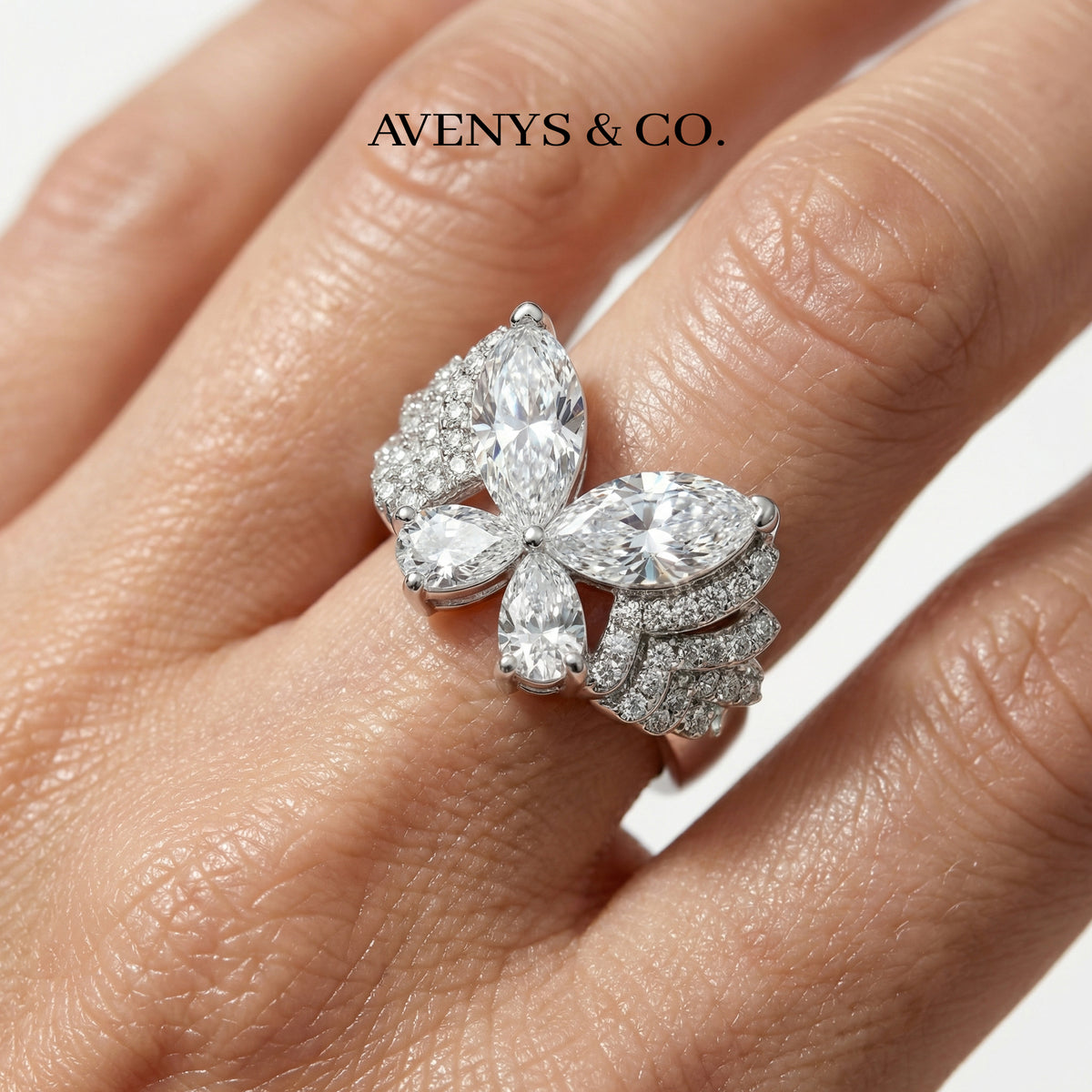Butterfly Pave Ring with White Marquise Stone – on White Gold
