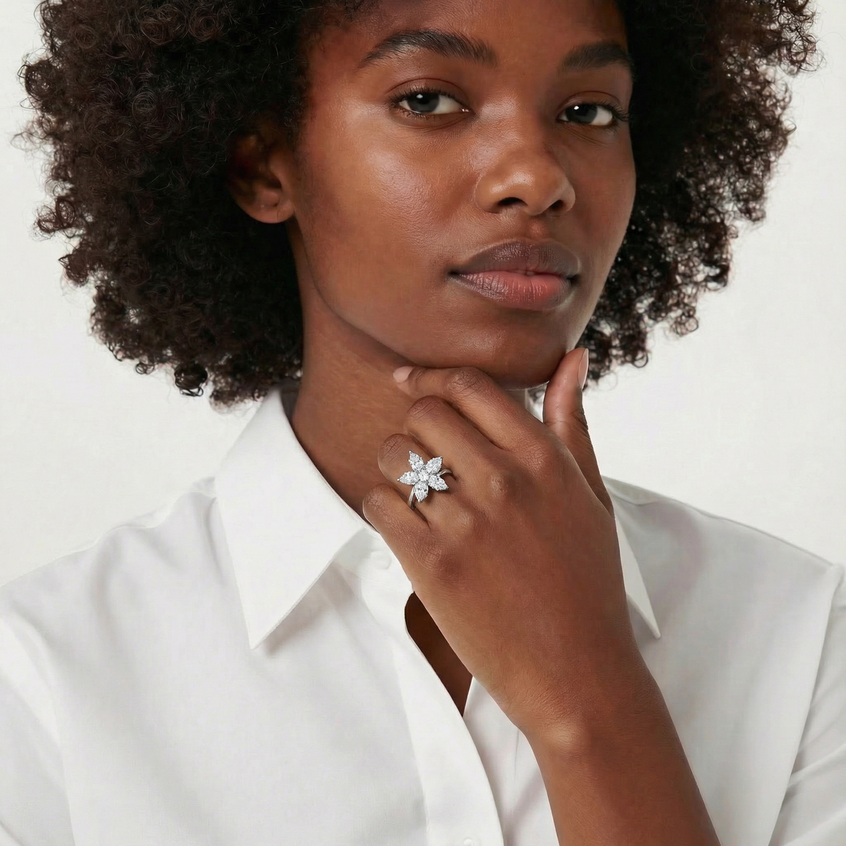 Cluster Ring with White Pear Stone – on White Gold