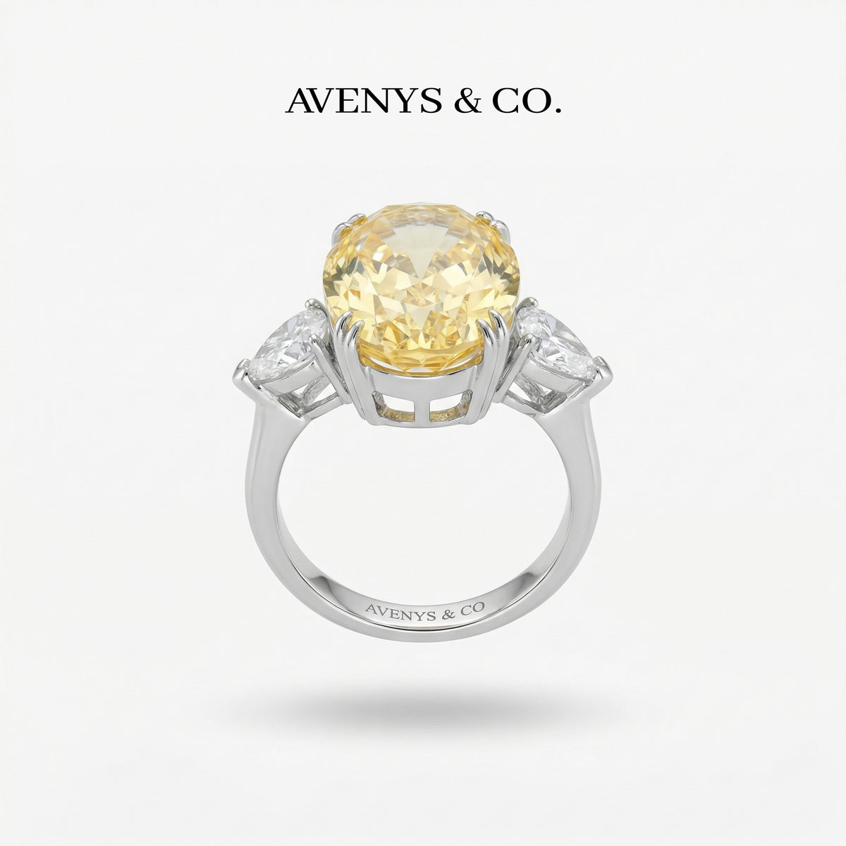 Queens Oval Ring with Yellow Oval Stone – on White Gold