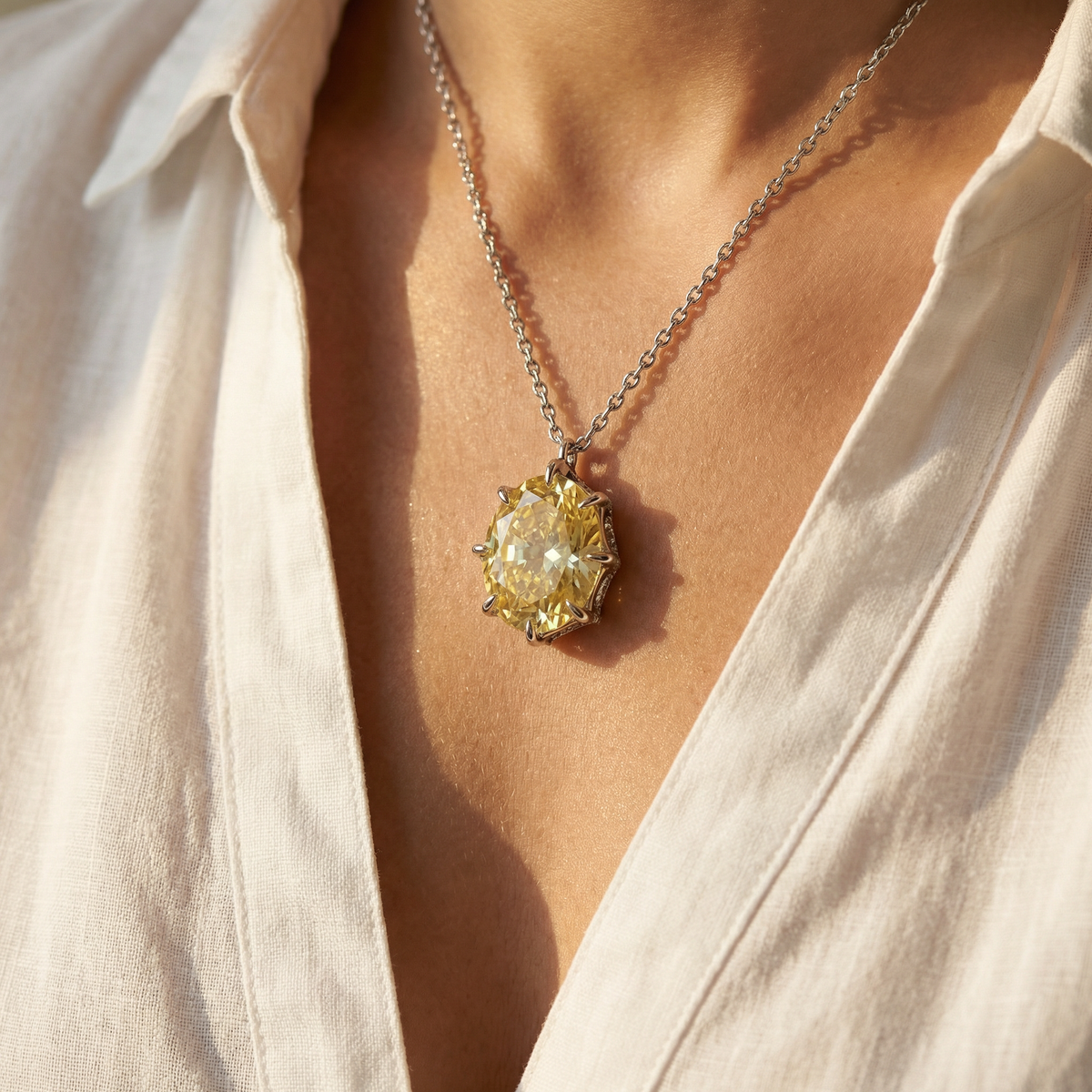 Queens Pendant Necklace with Yellow Oval Stone – on White Gold
