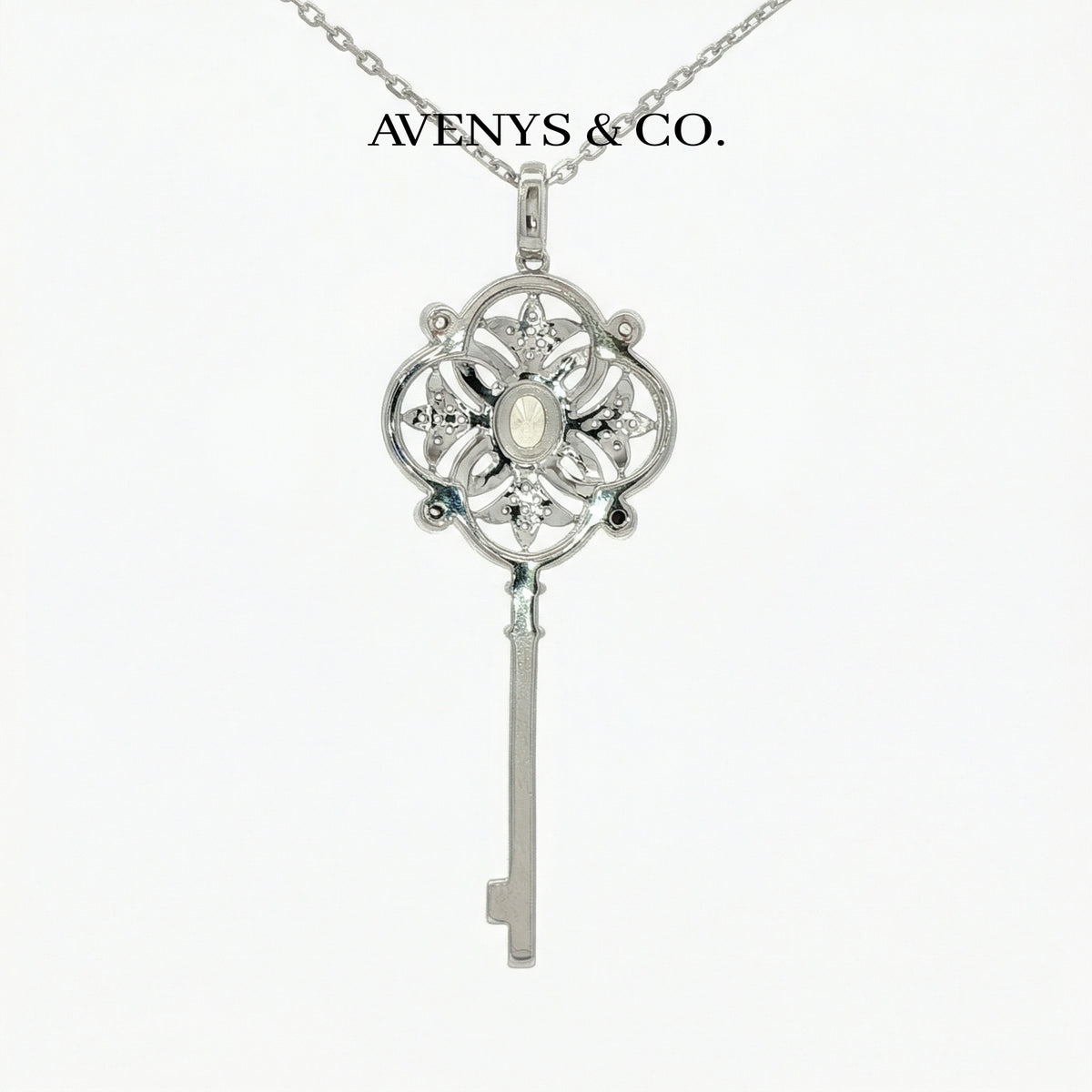 Key Necklace with White Round Stone – on White Gold