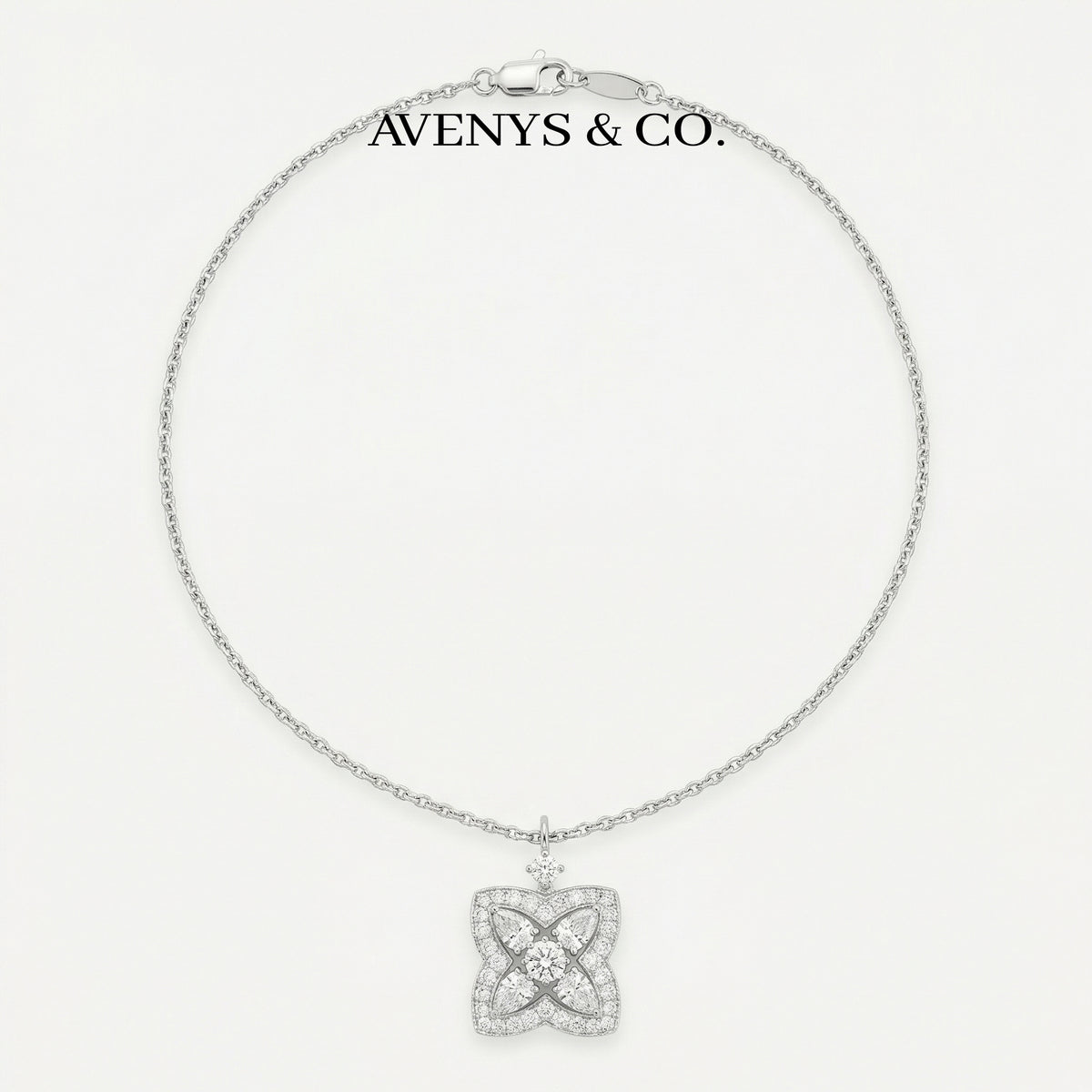 Lotus Classic Necklace with White Round Stone – on White Gold