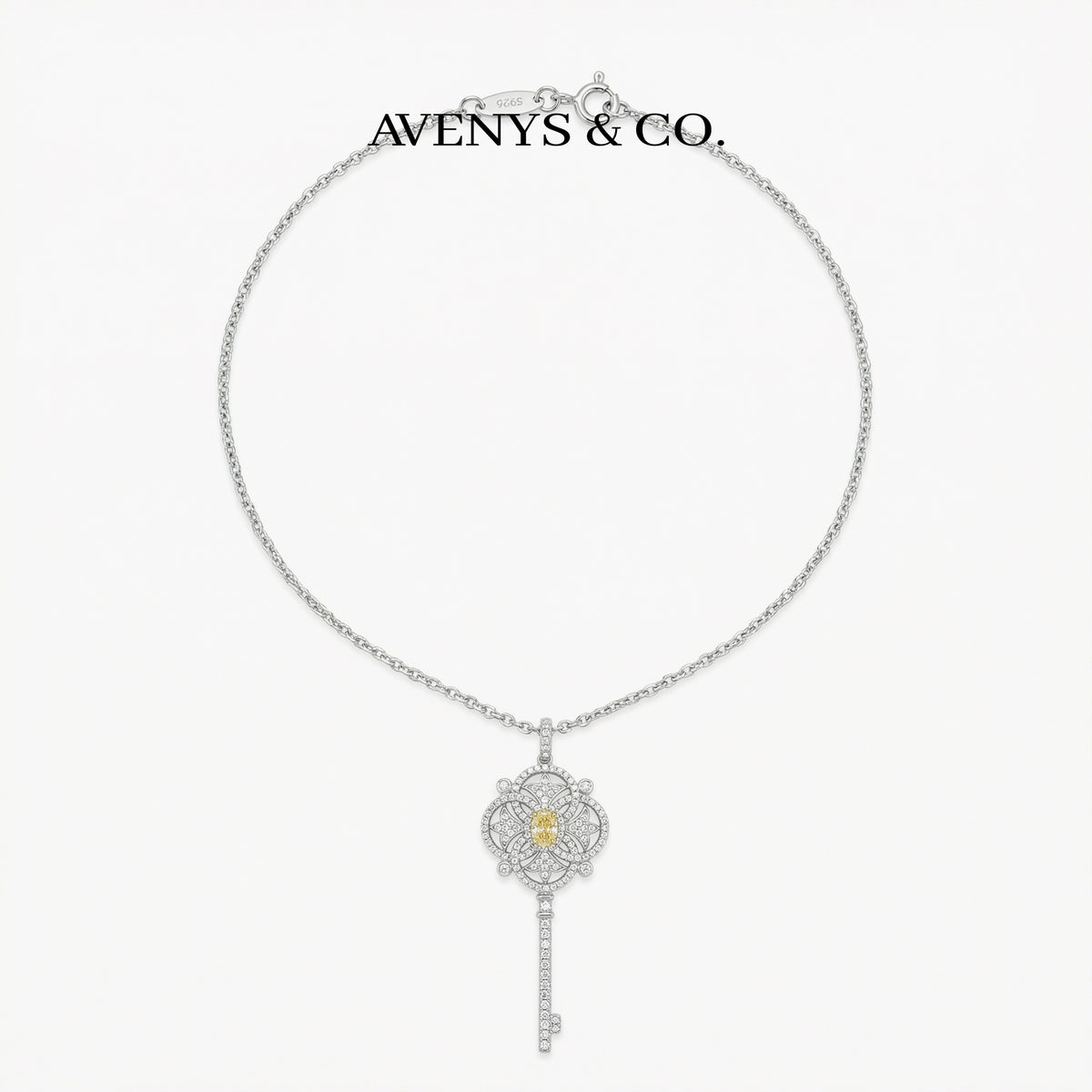 Key Necklace with White Round Stone – on White Gold