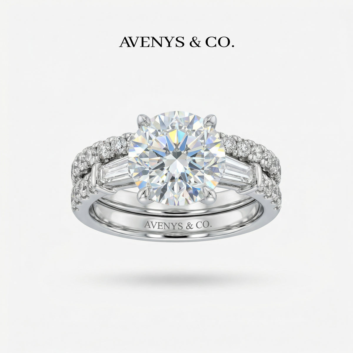 Trilogy Pave Solitaire Ring with Stacking Band with White Round Stone – on White Gold
