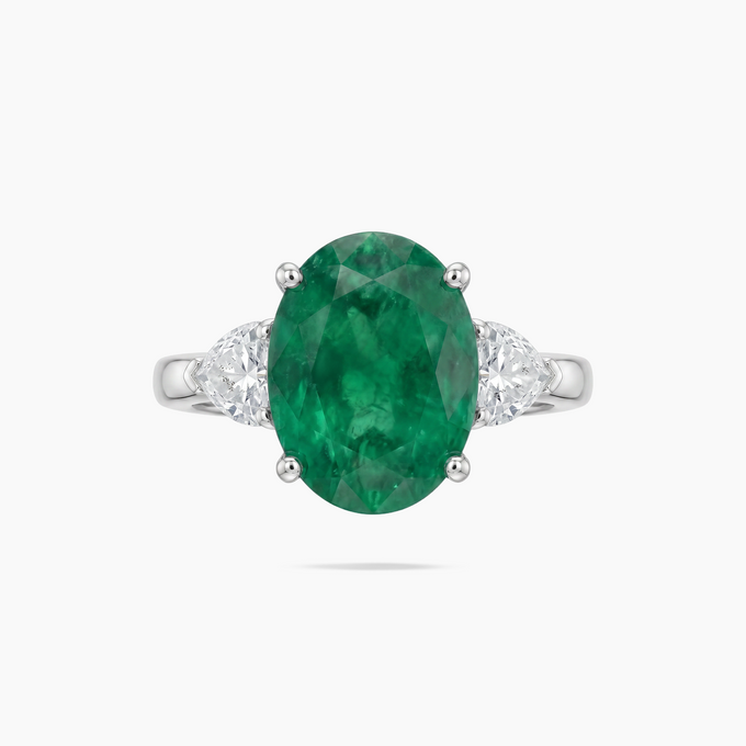 Oval Trilogy Pear Ring with Green Oval Stone – on White Gold