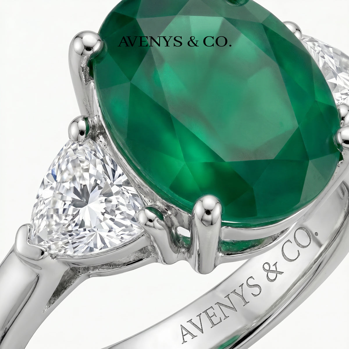Oval Trilogy Pear Ring with Green Oval Stone – on White Gold