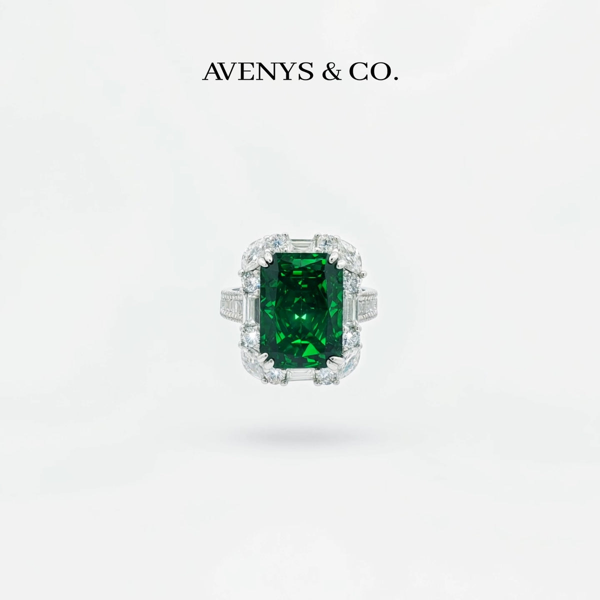 Eden Frame Ring with Green Radiant Stone – on White Gold