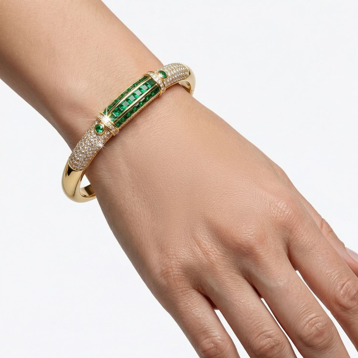 Yellow Gold Bangle with Square Step-Cut Emeralds
