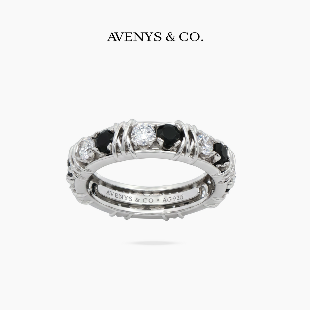 AV Signature Ring Mens with Black Round Stone – on White Gold