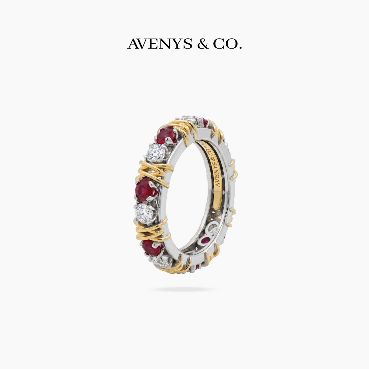 AV Signature Ring Womens with Red Round Stone – on White Gold