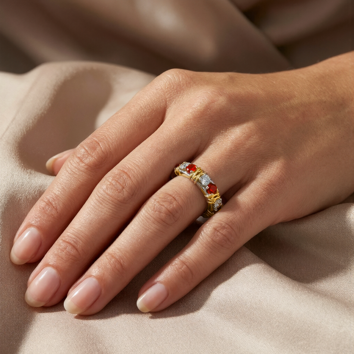 AV Signature Ring Womens with Red Round Stone – on White Gold