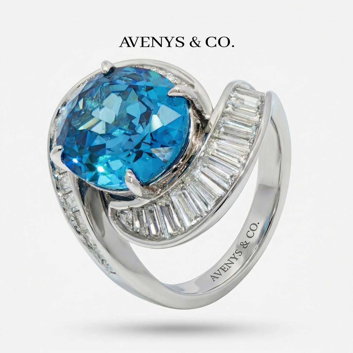 Eclipse Ring with Blue Oval Stone – on White Gold