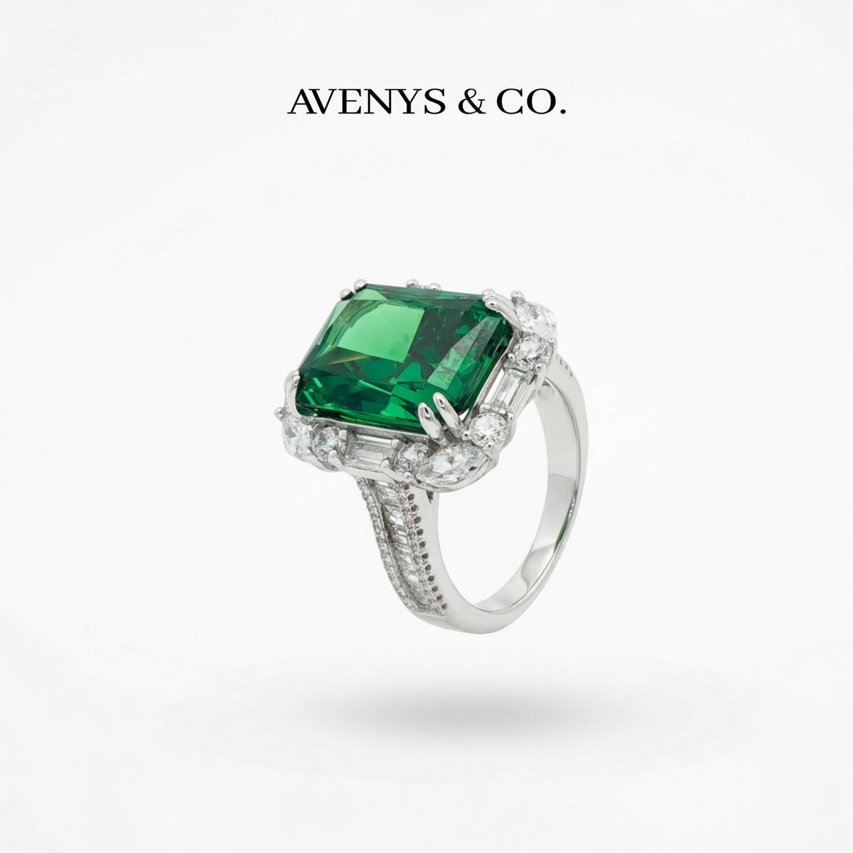 Eden Frame Ring with Green Radiant Stone – on White Gold