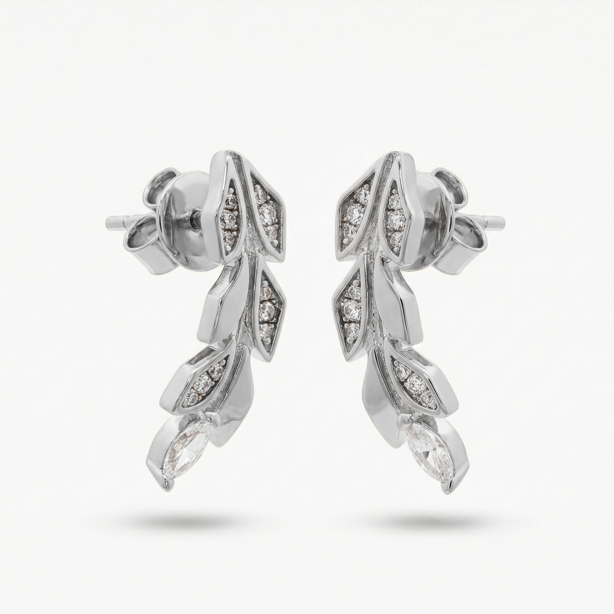 Leaf Earrings with White Round Stone – on White Gold