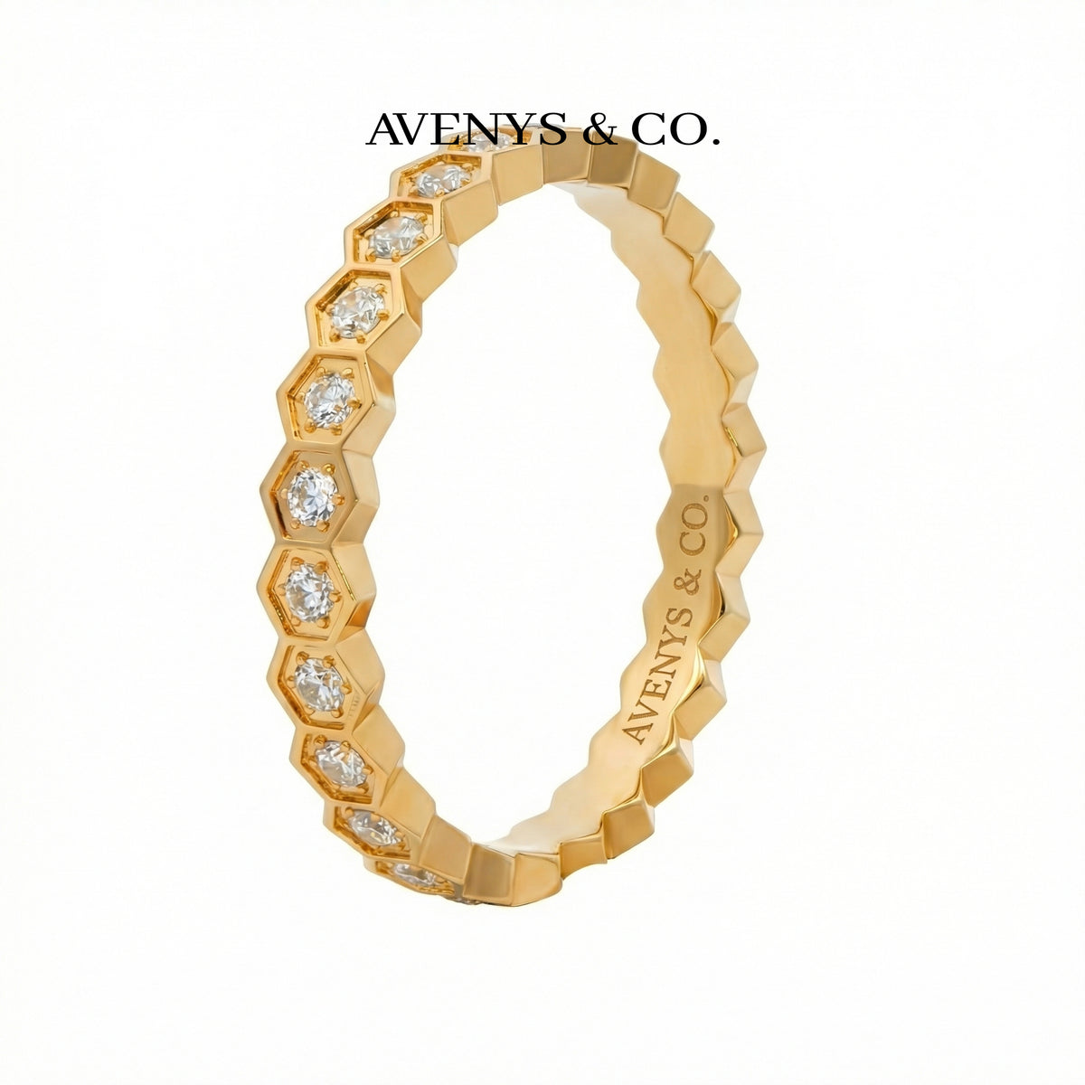 Honeycomb Ring Full with White Round Stone – on Yellow Gold