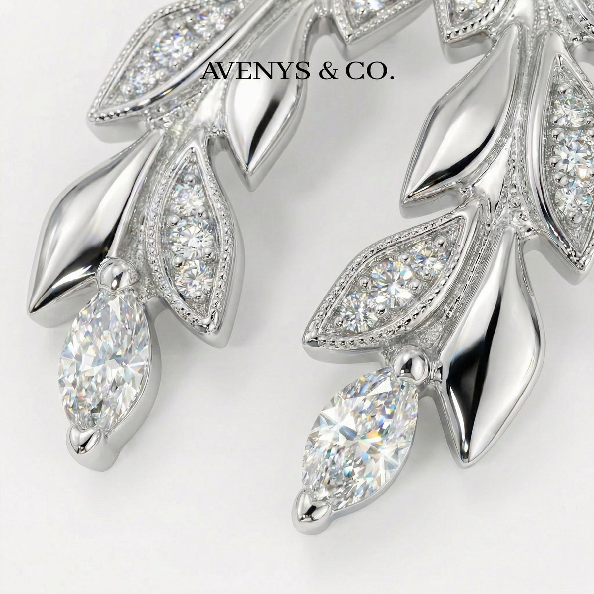 Leaf Earrings with White Round Stone – on White Gold