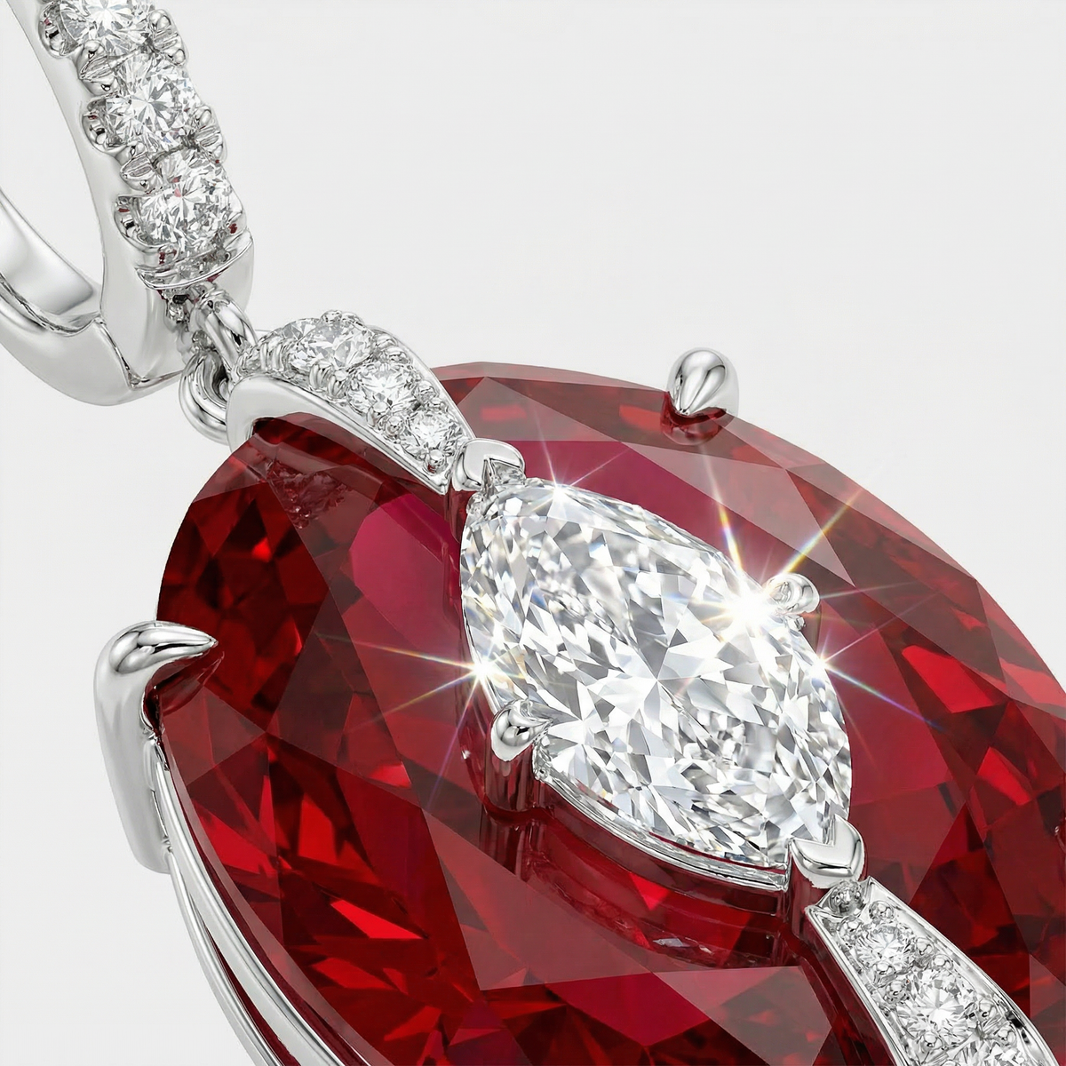 Embrace Queens Earrings with Red Oval Stone – on White Gold